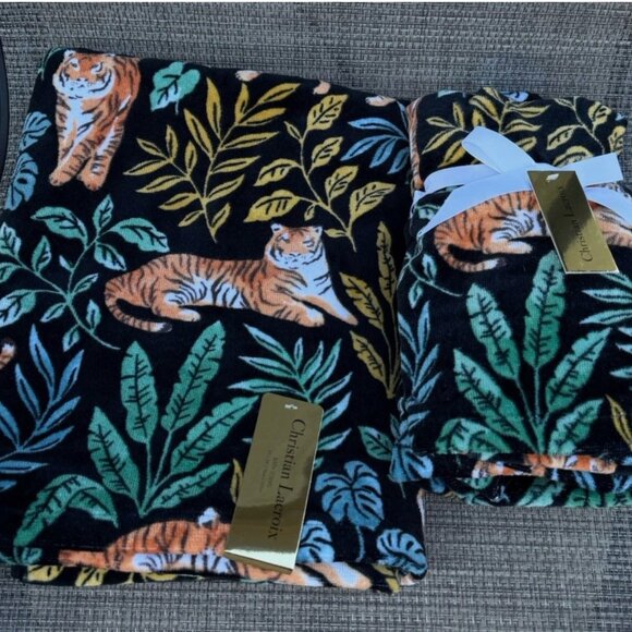 Christian Lacroix Safari Tiger Cotton Velour One Bath & Two Hand Towels Set 3pc - Picture 2 of 4
